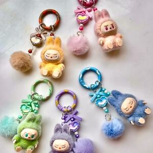Flocked Fuzzy Have a Seat Labubu Keychain with Heart Gems Pom Pom Bag Charms NEW